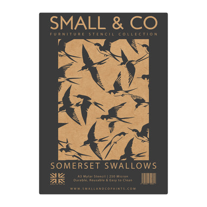 Somerset Swallows packaging with seamless flying swallows – UK-made A3 reusable stencil for rustic interiors, nursery décor and creative upcycling.