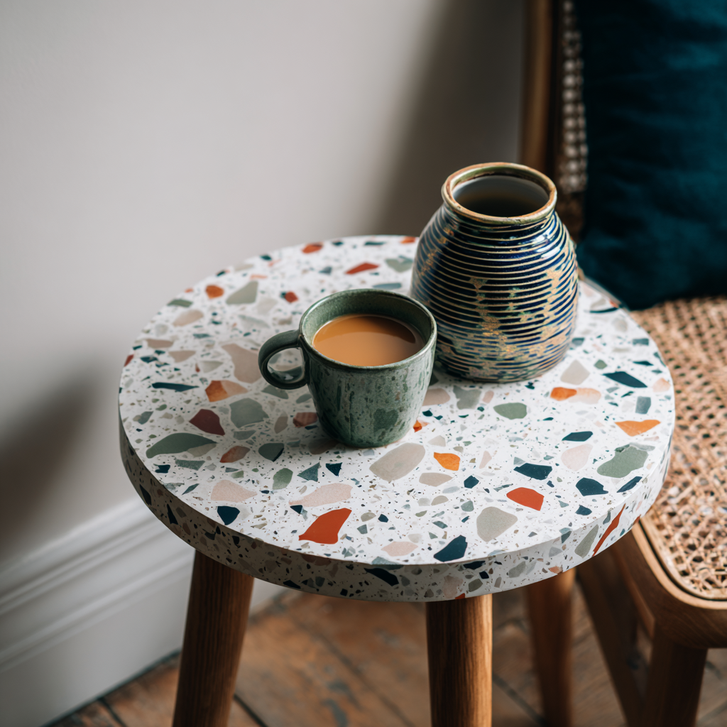 DIY terrazzo-style painted side table with multicolour speckle effect — creative furniture painting idea for modern interiors.