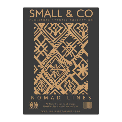Nomad Lines packaging showing repeat tribal linear pattern – UK-made A3 reusable stencil for bohemian décor, rustic upcycling and crafts.