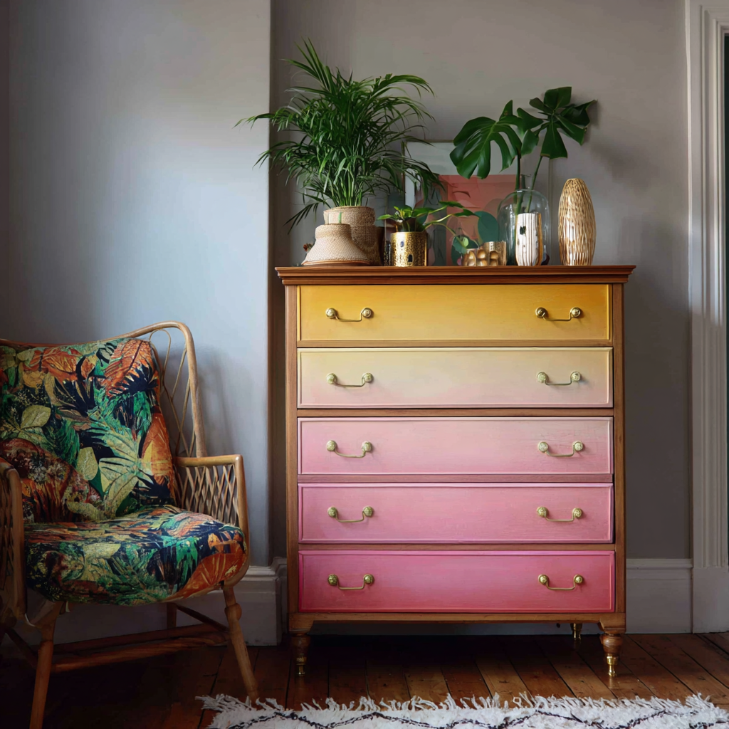 Chest of drawers with two-tone ombré gradient blending from yellow to pink — creative DIY painted furniture idea.